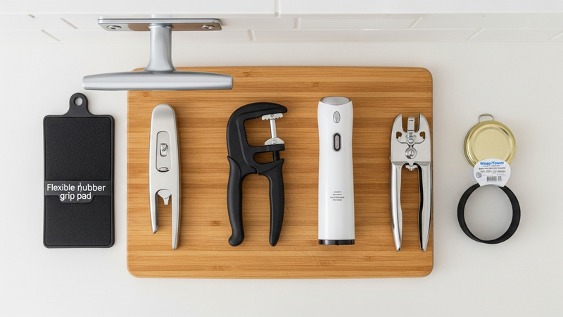 A clean, overhead shot of a kitchen counter with five distinct jar openers arranged on a simple wood cutting board. From left to right: a rubber grip pad, an under-cabinet lever model, a handheld clamp opener, a sleek electric opener, and a wrap-around band model.
