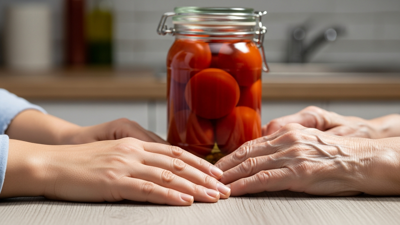 A close-up, photorealistic shot of two hands—one youthful and strong, one with visible signs of arthritis—gently resting on a kitchen counter next to a sealed glass jar of tomatoes. The light catches the lid, highlighting its defiance.