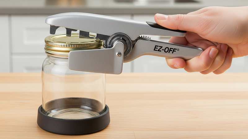 A dynamic, first-person view looking down at hands using the EZ-Off under-cabinet opener. One hand presses down gently on the lever. The jar is held securely in the base, and the lid is just beginning to twist free, with the vacuum seal visibly breaking.