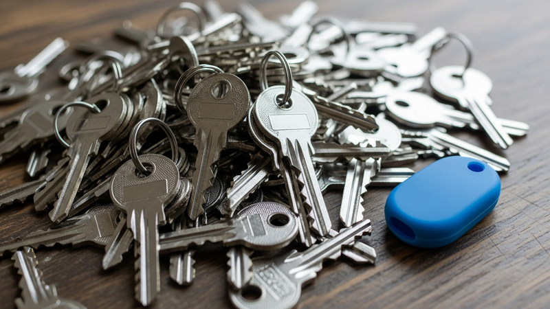 A close-up, photorealistic shot of a chaotic jumble of silver keys on a wooden table. Light glints off identical metal teeth. A single, vibrant blue silicone cover sits beside them like a beacon of order in the metallic chaos.