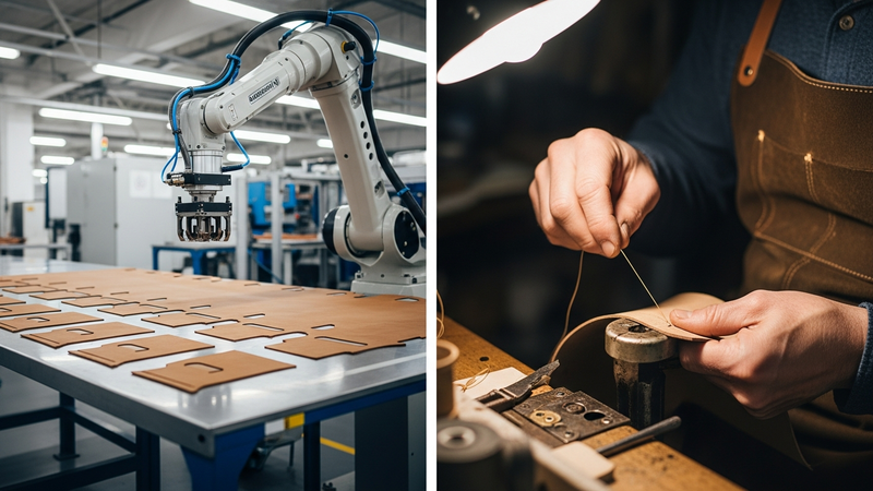 A stark, clean shot of a robotic arm stamping out identical leather pieces on a factory floor, contrasted with a warm, focused close-up of a pair of weathered, skilled hands pulling waxed thread through a leather edge.