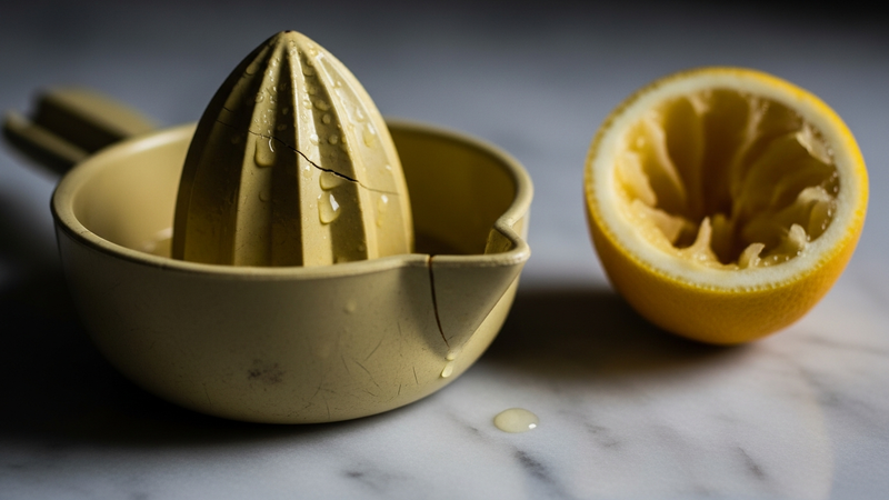 A close-up, moody shot of a cheap, yellowing plastic lemon squeezer on a marble counter. It has a hairline fracture running down its side. A halved lemon sits beside it, with only a few drops of juice in the bowl.