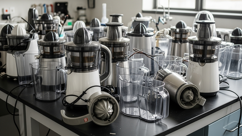 A photo of a graveyard of broken plastic juicers on a lab bench. One has a shattered handle, another a cracked collection bowl.