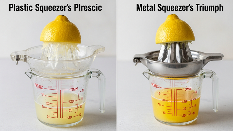 A split-screen image. On the left, a plastic squeezer holds a mangled, wet lemon half. On the right, a metal squeezer holds a completely flattened, dry peel. Two measuring cups show the stark difference in juice volume.