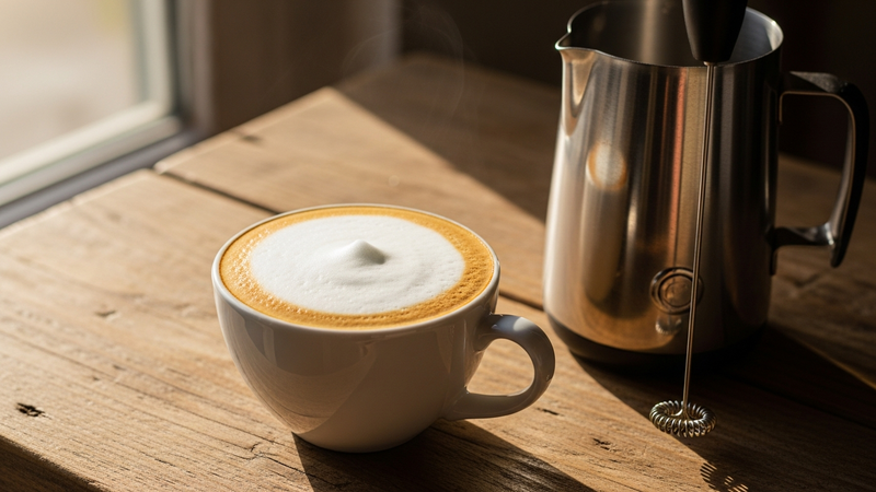 A close-up, photorealistic shot of a creamy, perfectly textured cappuccino in a white ceramic mug, with a handheld milk frother resting beside it on a rustic wooden counter. Sunlight streams in, highlighting the microfoam.