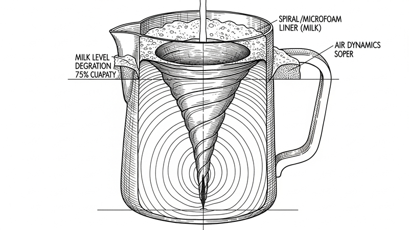 A detailed cross-section diagram style illustration showing the vortex in a milk pitcher, with arrows indicating air being pulled down and protein molecules stretching around air bubbles.