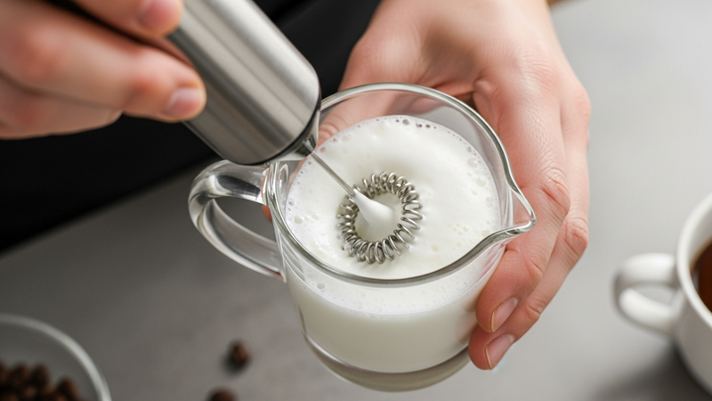 A dynamic, top-down photo of a person's hand using a sleek, metallic handheld frother in a small glass pitcher. Milk is mid-swirl, beginning to peak into a rich foam.