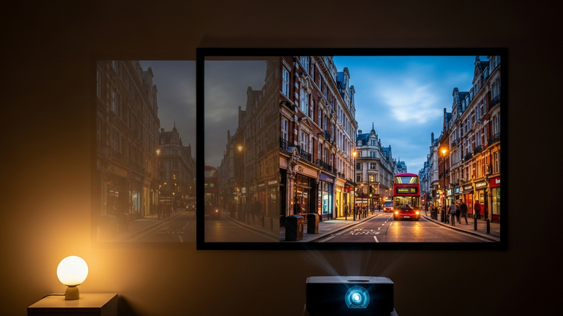 A split-screen visual. On the left, a low-brightness projector struggles in a room with a small lamp, showing a faded image. On the right, a projector like the **Magcubic Native 1080p L018 (650 ANSI)** projects a crisp, vivid image in the same lightly lit room.