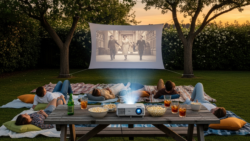 A sun-drenched backyard at dusk. A white sheet is hung between two trees. A mini projector sits on a picnic table, casting a classic film onto the makeshift screen. Friends are gathered on blankets, looking up at the shared image.