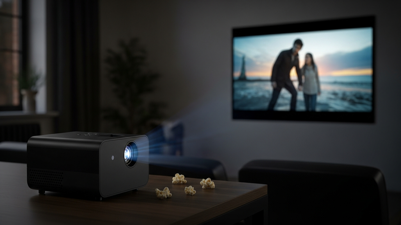A warm, dimly lit living room. A soft, focused beam of light projects a vibrant, cinematic movie scene onto a blank white wall. In front of it sits a sleek, black device no larger than a soda can, humming quietly. A bowl of popcorn rests on the coffee table nearby.