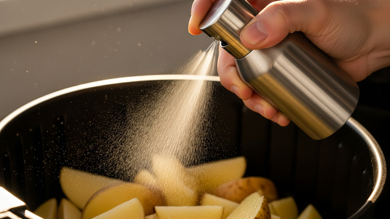 A close-up, photorealistic shot of a hand holding a sleek, stainless steel oil sprayer, a fine mist of golden olive oil cascading over a basket of raw potato wedges in an air fryer basket. Sunlight from a kitchen window glints off the oil droplets.