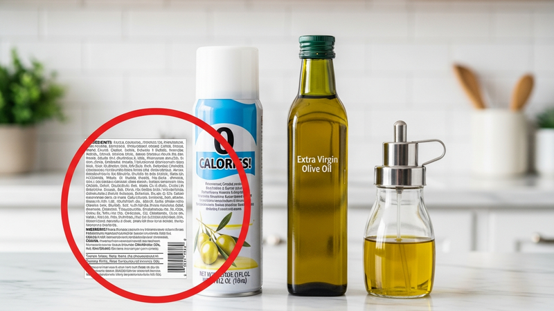An investigative-style shot on a marble counter. A common aerosol can with a bright "0 Calories!" label is next to a clear bottle of extra virgin olive oil and a simple oil sprayer. A red circle highlights the lengthy ingredient list on the can versus the single ingredient on the olive oil bottle.