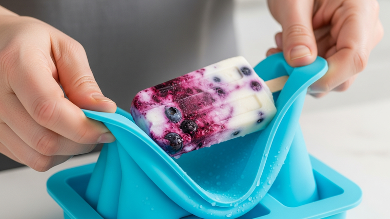 A close-up, photorealistic shot of an adult's hands effortlessly pushing a perfectly formed blueberry-yogurt popsicle out of a vibrant blue silicone mold. The popsicle is pristine, with visible chunks of berry. The mold flexes gently but returns to its perfect shape immediately after.