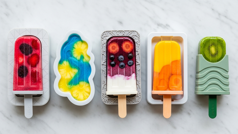 A grid of 5 different, beautiful silicone popsicle molds from the styles mentioned above, all frozen with gorgeous, colorful contents. They sit on a marble counter, demonstrating a spectrum of good choices.