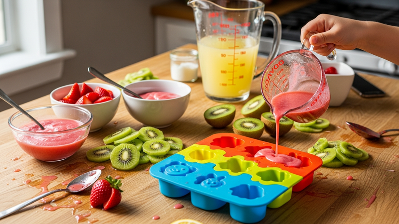 A warm, slightly chaotic family kitchen in the late afternoon. Sunlight streams across a counter littered with bowls of bright pink strawberry puree, vibrant green kiwi slices, and fresh yellow lemonade. A child’s hand, slightly sticky, is carefully pouring liquid into a flexible, colorful silicone mold. The scene is messy, joyful, and full of potential.
