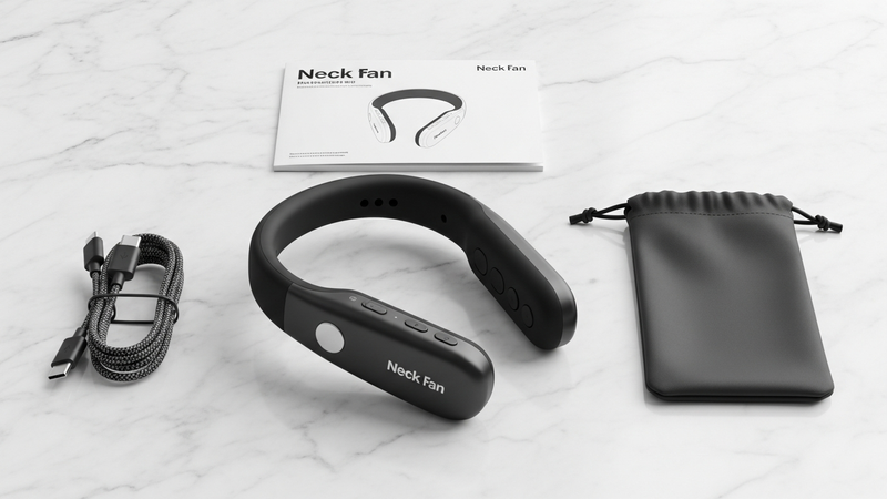 A clean, studio shot of a branded neck fan and its accessories laid out on a marble surface: a braided USB-C cable, a soft drawstring pouch, and a well-designed instruction booklet.