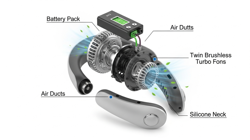 A detailed, exploded-view diagram showing the interior of a neck fan. Labels point to the battery pack, twin brushless turbo fans, air ducts, and the silicone neck pad.