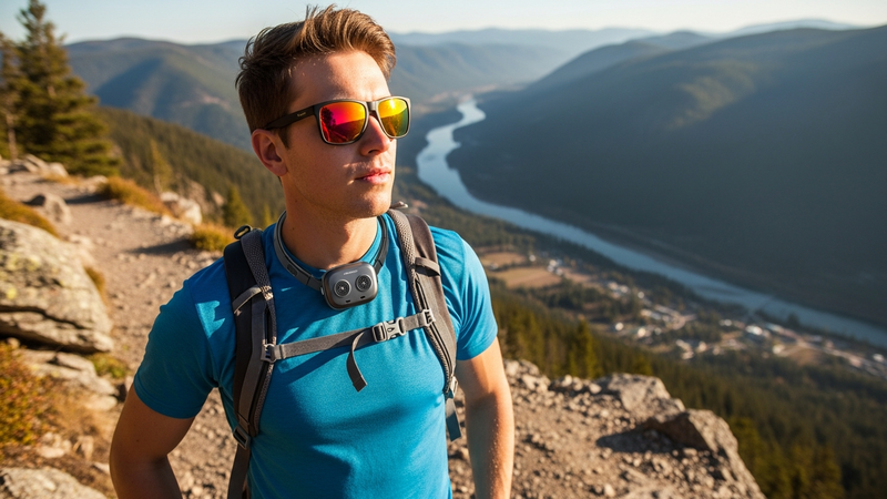 A person paused on a rocky hiking trail, looking out over a valley. Sunlight glints off their sunglasses. Around their neck, a sleek, grey device with twin vents is barely visible, blending into their activewear.