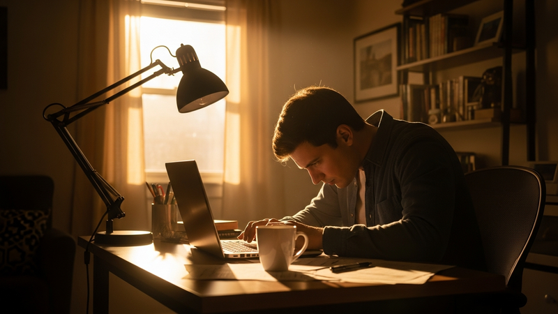 A detailed, photorealistic shot from behind a person in a home office. Their shoulders are visibly rounded, their spine forms a soft "C" shape, and their head is pitched forward, staring intently at a laptop screen. Late afternoon light slants across the scene, highlighting the tension in their silhouette.