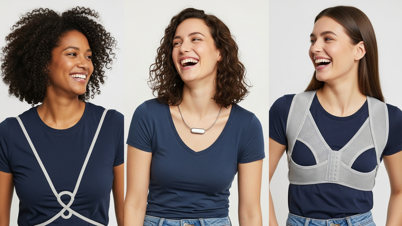 A mid-shot of a diverse group of three people in casual clothing, all wearing different styles of discreet posture correctors. One has a simple elastic figure-8 under their t-shirt, one wears a smart sensor necklace, and another has a lightweight mesh harness. They are laughing and standing comfortably, appearing engaged and at ease, not restricted.