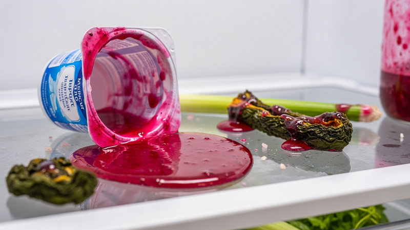 A close-up, photorealistic shot of a white refrigerator shelf stained with a deep pink, syrupy liquid pooled around a toppled yogurt container and wilted vegetables. The light glints off the sticky mess.
