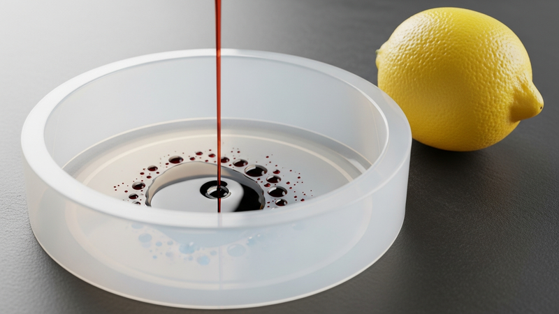 A photorealistic image of a thick, clear silicone liner with subtle raised edges. A puddle of dark balsamic vinegar sits contained on its surface, beading up, next to a pristine lemon for contrast.