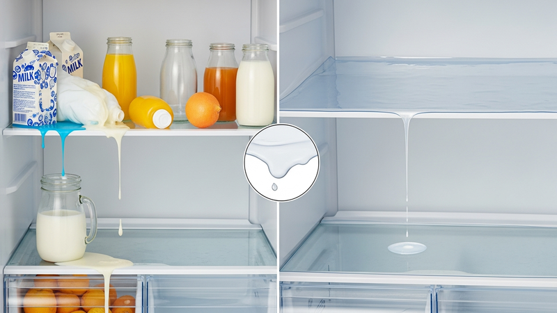 A side-by-side split image. Left: a chaotic fridge shelf with uncontained spills. Right: an identical shelf protected by a clear, sleek liner, with a small milk spill neatly contained and beading on the surface.