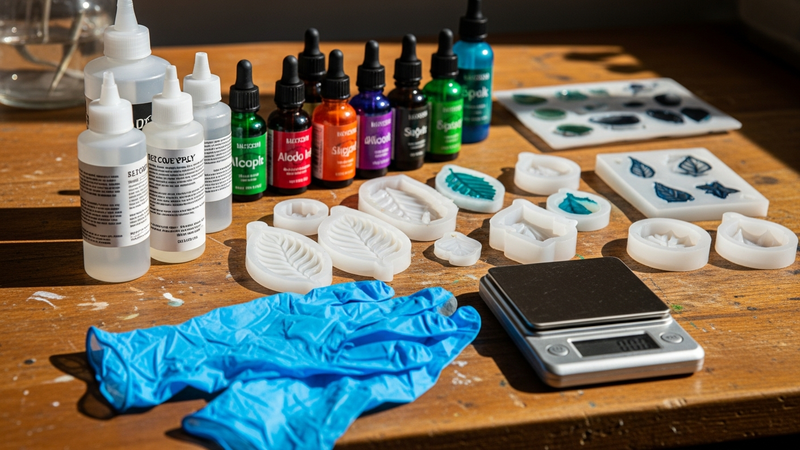 A close-up, photorealistic shot of a sunlit workbench. It's scattered with bottles of clear epoxy, vibrant alcohol inks, and an array of silicone molds shaped like leaves and geometric pendants. In the foreground, a pair of blue nitrile gloves rests next to a digital scale, signaling the precision to come.