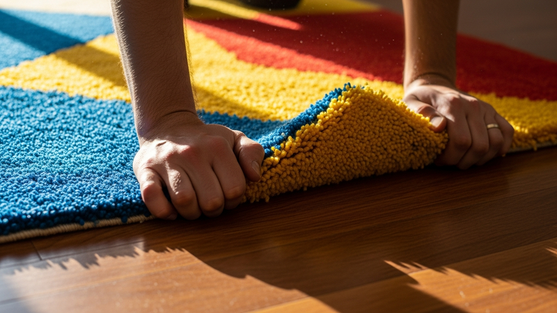 A close-up, photorealistic shot of hands pushing a vibrant, tufted wool rug into place on a polished hardwood floor. Sunlight streams across the textured surface, highlighting deep piles of cobalt blue and saffron yellow in a bold, personal geometric pattern.