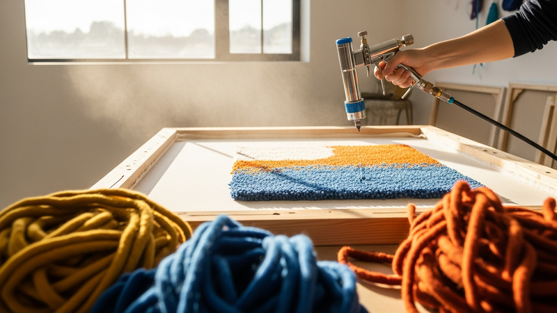 A well-lit, modern craft studio. Sunlight streams onto a large wooden frame stretched with off-white monks cloth. A hand holds a pneumatic tufting gun poised to dive into the fabric, with skeins of vibrant, chunky wool yarn in ochre, deep blue, and burnt sienna scattered around. The scene feels both artistic and technical.