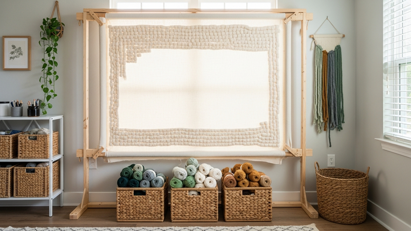 A well-lit, serene home studio workspace. A large, framed tufting cloth is taut on a sturdy frame. Beneath it, organized baskets hold lush skeins of yarn in a coordinated color story. The scene feels prepared and inviting.