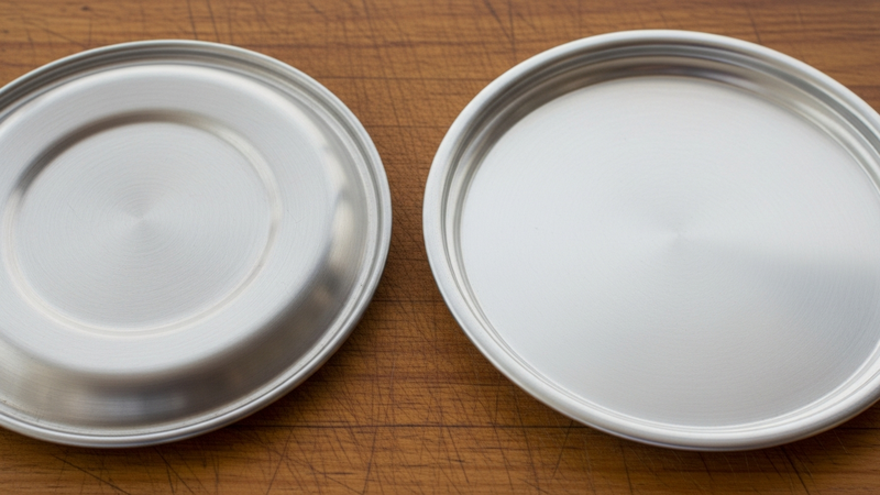 A close-up, photorealistic shot of a traditional, sharp-edged can lid next to a perfectly smooth, safety-opened lid. The traditional lid has a visibly dangerous, ragged edge, while the safety lid is rounded and completely blunt, resting harmlessly on a cutting board.