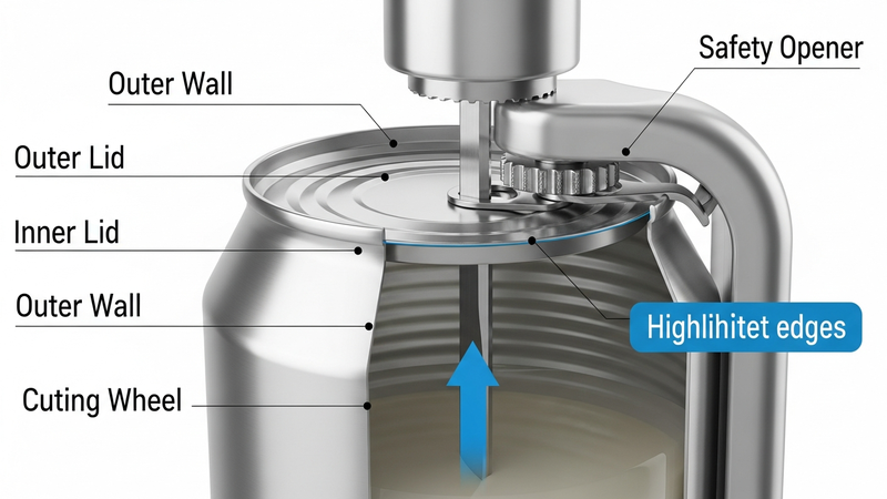 A detailed, cross-sectional diagram-style visual. A cutaway of a can in a safety opener's jaws. A highlighted arrow follows the path of the cutting wheel as it travels *between* the can's outer wall and the inner lid, leaving both resulting edges smooth and rounded.