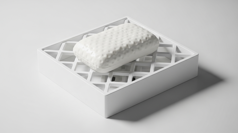 A photorealistic, studio-lit shot of the Simplehuman dish. It's a square of bright white, dense ABS plastic with a distinctive geometric grid of large diamond-shaped drainage holes. A bar of soap sits perfectly dry on top.