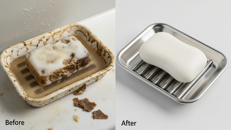 A split-screen image. Left: the gross, slimy soap dish from the intro. Right: a sleek, modern stainless steel dish with raised ridges, holding a perfectly dry, intact bar of soap. This is the goal.
