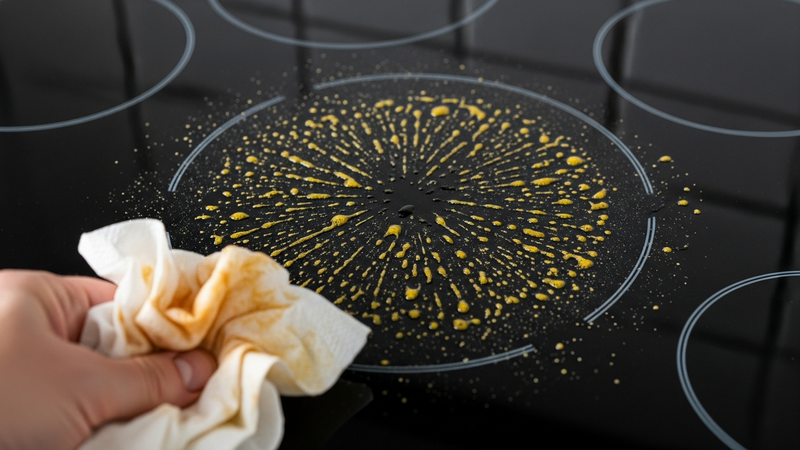 A close-up, photorealistic shot of a modern glass stovetop after frying bacon. A fine, sticky film of grease covers the surface, with distinct yellow droplets and spatters radiating out from the center. A weary hand holds a crumpled, grease-stained paper towel in the foreground.