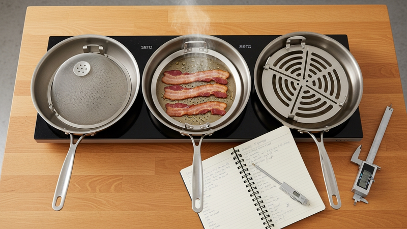 A photorealistic overhead shot of a home kitchen testing station. Three different splatter guards sit on matching frying pans on a large butcher block. A notebook is open with handwritten data, a digital thermometer, and a pair of calipers are laid neatly beside the pans. One pan has bacon cooking under a guard.