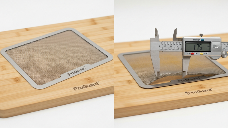 A split-screen image. On the left, a pristine, branded stainless steel splatter guard sits perfectly flat on a cutting board. On the right, a warped, slightly discolored generic steel guard rocks unsteadily on the same surface. A caliper shows the measurement of the warpage.