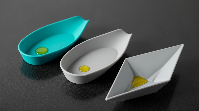 A flat-lay of three silicone spoon rests on a dark counter: one vibrant teal, one minimalist gray, one origami-style. A bead of olive oil sits perfectly on the surface, refusing to soak in.