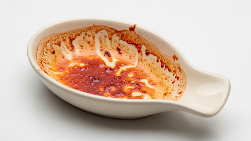 A photorealistic close-up of a beautiful ceramic spoon rest with a persistent reddish-brown stain in its well, highlighted by harsh kitchen lighting. A single wooden spoon rests beside it, abandoned.