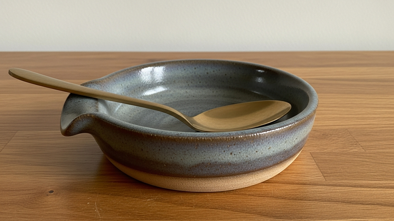 A side profile of a heavy, hand-thrown stoneware spoon rest in a matte glaze. It sits with profound solidity on a wood counter, a bronze spoon resting in its deep well.