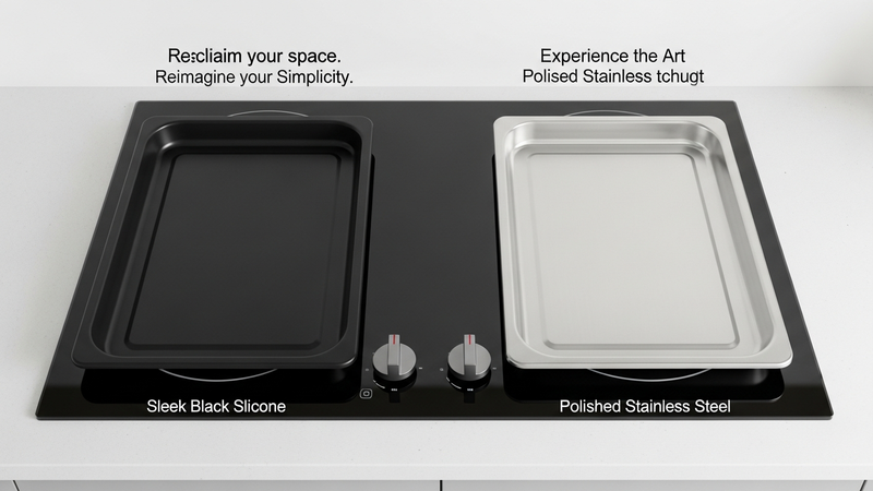A clean, stylized product shot. Two different types of burner covers—a sleek black silicone mat and a polished stainless steel tray—sit side-by-side on a modern glass cooktop. They are perfectly aligned, representing a clean slate.