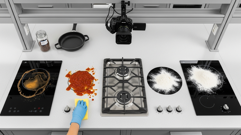 A dynamic, overhead shot of a testing "lab" kitchen. Different burner covers are shown with controlled, common messes: spilled coffee on one, splattered tomato sauce on another, a dusting of flour on a third. A gloved hand holds a sponge, poised for cleanup.
