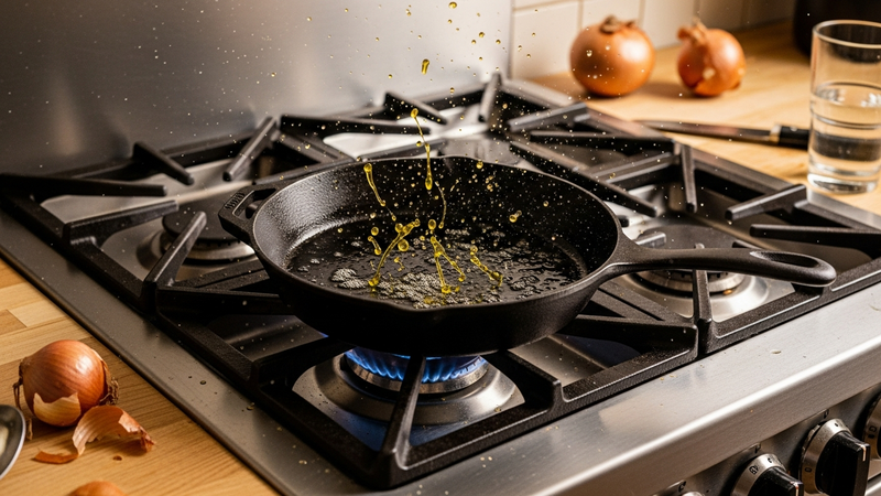 A high-angle, photorealistic shot of a chaotic kitchen scene. A cast-iron skillet sits on a gas burner, with vivid oil splatters radiating across the stovetop and onto the black burner grates. The lighting is warm, highlighting the delicious yet messy reality of cooking.