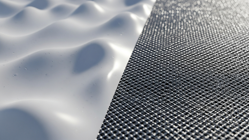A dramatic split-screen macro shot. The left side shows the smooth, seamless surface of a silicone infuser. The right side reveals the intricate, glittering lattice of a stainless steel mesh, with light passing through its tiny pores.