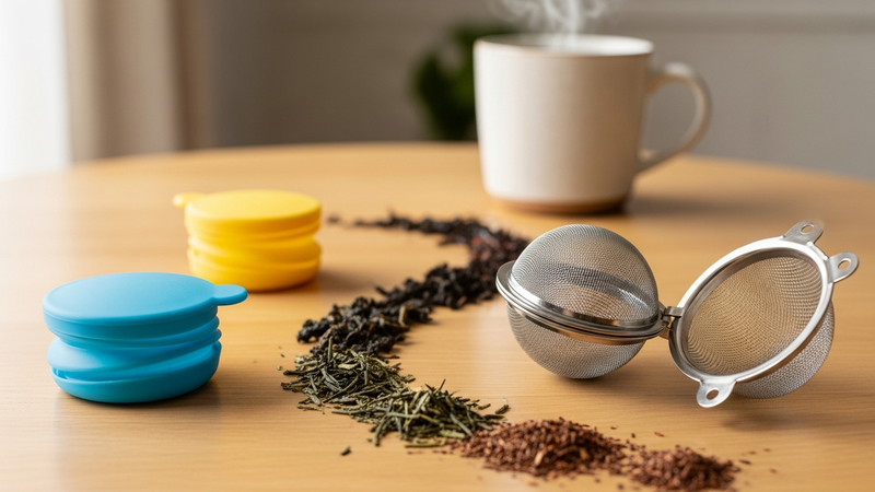 A serene, well-lit flat lay on a wooden table. On the left, a vibrant, collapsed silicone infuser rests like a tiny UFO. On the right, a polished stainless steel mesh ball infuser sits open. Between them, a careful scattering of loose tea leaves—dark oolong, green sencha, and rooibos—creates a textured path. A steaming mug waits in the background.