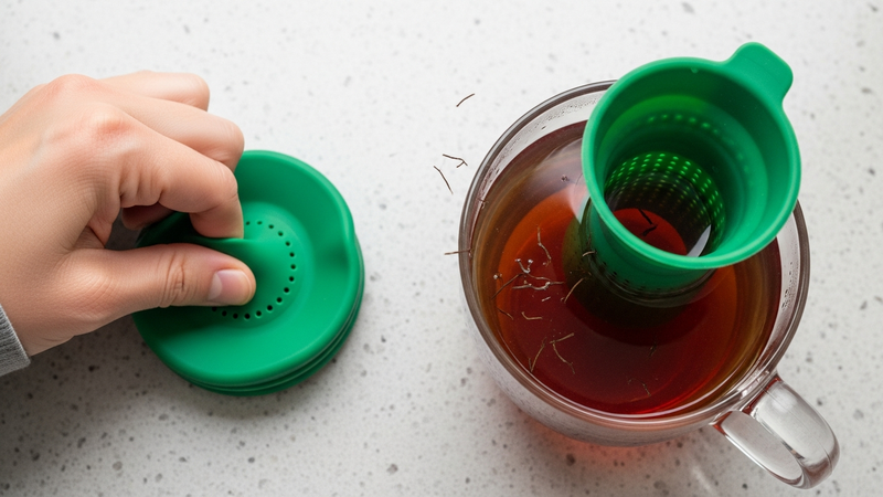 An action shot from above. A hand squeezes a collapsed silicone infuser flat on a counter. Next to it, the same infuser is fully expanded in a glass mug, brewing a dark tea. A few visible, fine particles are suspended in the liquid, illustrating the filtration trade-off.