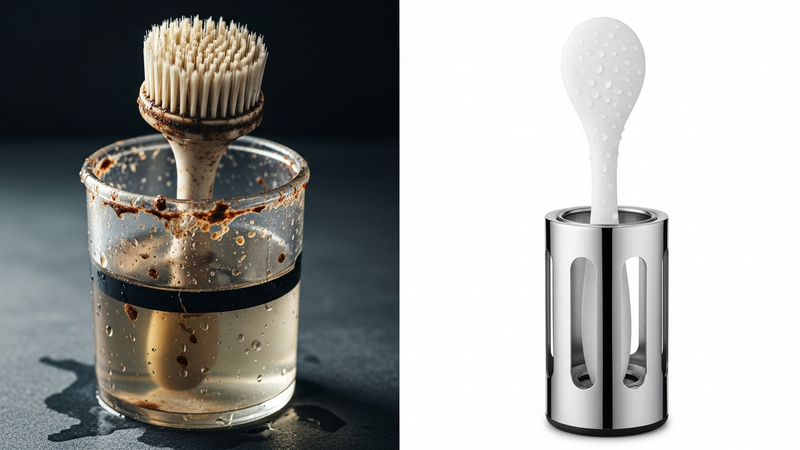 A dramatic, side-by-side comparison: On the left, a grimy, stained traditional brush with frayed bristles sits in a murky holder. On the right, a sleek, modern silicone brush, beaded with clean water, rests in a minimalist, ventilated stand. The contrast is stark.