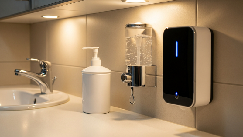 A clean, well-lit bathroom counter with three dispensers side-by-side: a basic white pump, a sleek wall-mounted squeezer with a visible lever, and a glossy sensor model with a small blue LED.