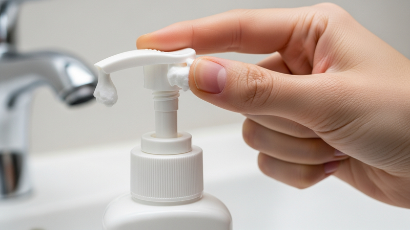 A close-up of a frustrated hand holding a pump dispenser nozzle clogged with a dried, chalky glob of whitening toothpaste. A stark warning against neglect.